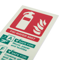 Coloured symbols grab attention in both lit and low-light conditions, with explanatory text about fire Classes